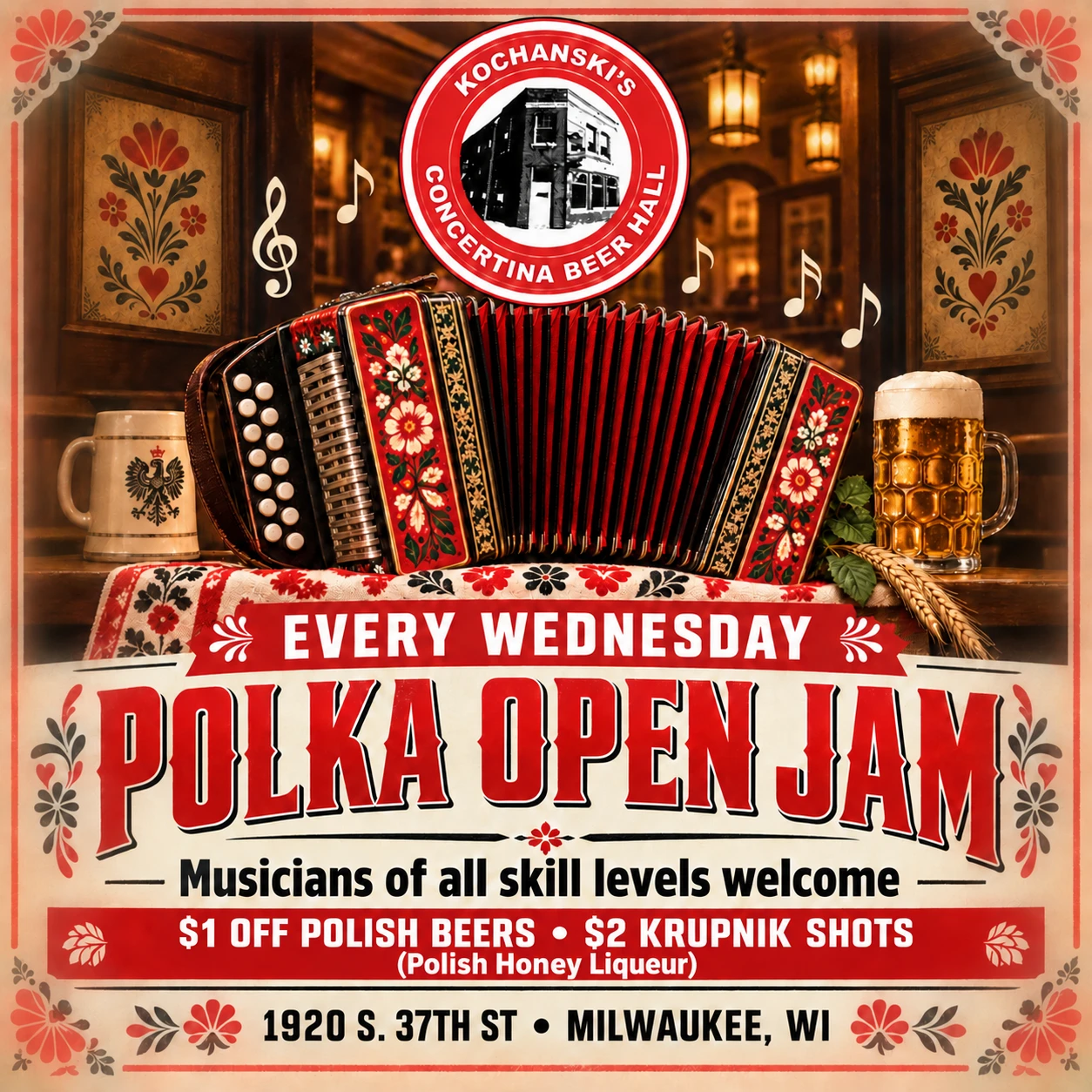 Polka Open Jam every Wednesday—musicians of all skill levels welcome